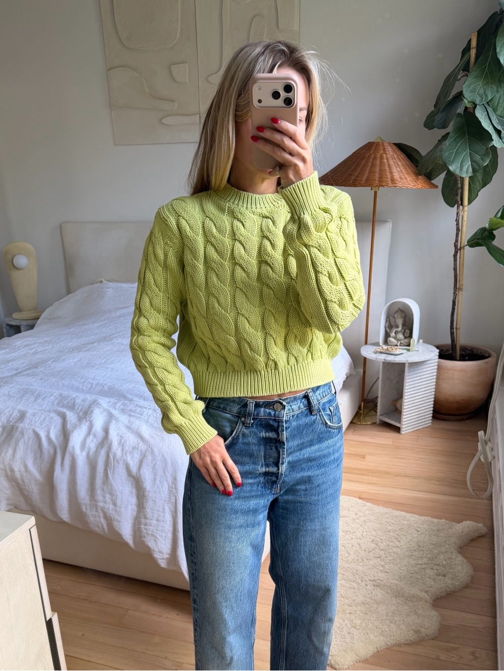 Massimo Dutti Light Green Crop Cotton Sweater Size Small
